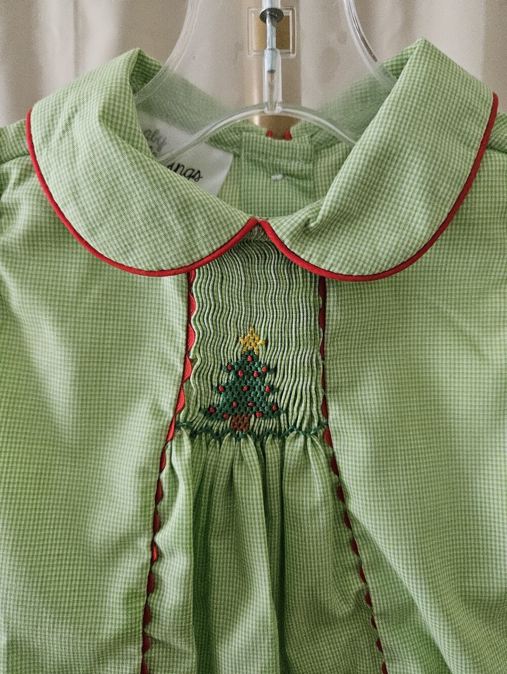 Baby Blessings Green & White Microcheck Smocked Christmas Tree Bubble | Size 6M - Picture 3 of 6